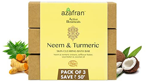 Azafran Turmeric and Neem Bath Soap Bar, Cruelty Free & Vegan, Pack Of 3 Handmade Deep Cleansing, Oily and Acne-Prone Sensitive Skin Care, For Both Body & Face - 300 Grams