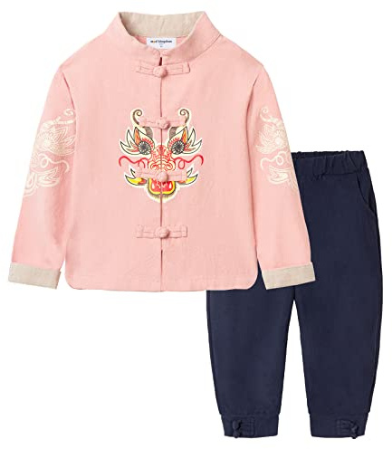 Mud Kingdom Girls Frog Button Closure Outfits New Year Tang Suit for Little Girl Traditional Chinese Style 2-Piece Set with Dragon Embroidery Pink 5 Years