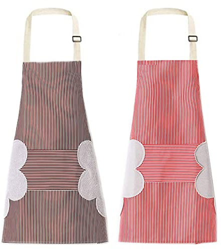 AISHOW 2 Stück Küchenschürze Damen Kochschürze Männer Verstellbare Wischen Hand Schürze Mit Taschen Wasserdichte Und Ölkontrolle Reinigungs