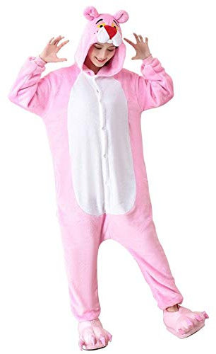 Kigurumis Onesie Femmes Adulte Animal Pyjama Dessin animé léopard Globalement drôle vêtements de Nuit Hiver Chaud Doux M Rose panthère