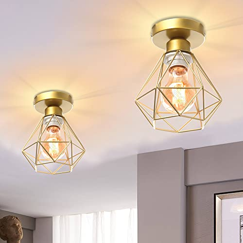 iDEGU 2 Stück Deckenleuchten Industrielle 16cm Retro Deckenlampe aus Eisen Lampenschirm in Käfig Design Vintage Pendelleuchte E27 Lampe für Flur Küche Wohnzimmer Schlafzimmer Dekoration (Gold)