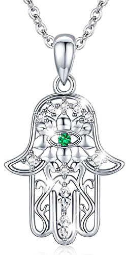 Collier Main de Fatma en Argent Sterling 925, Pendentif Main de Fatma Argent et Gemme Bijoux, Hamsa pendentif Vintage Evil Eye charme de lotus sacré Cadeaux pour Petite Amie Femme Maman