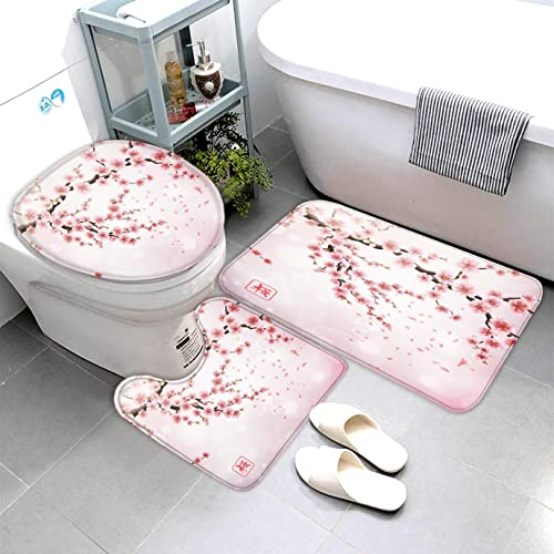 AOLIGL Badematte Rosa Japanisch Kirschblüte Badematten Set rutschfest Waschbar Badgarnitur 3teilig - WC Deckelbezug U-förmigen Contour Badezimmerteppich Matte Flauschige Mikrofaser
