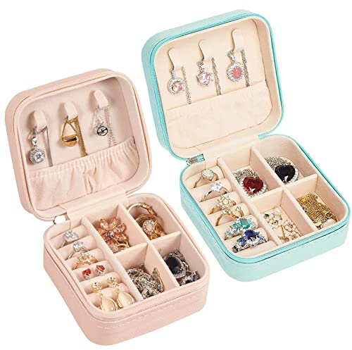 AMANMAN Schmuckkästchen Reise für Damen Mädchen 2 Stück Klein Schmuckbox Schmuckschatulle PU-Leder Schmuckaufbewahrung Schmucketui Schmuck Reisetasche für Ringe Ohrringe Halsketten Geschenk Rosa/Grün