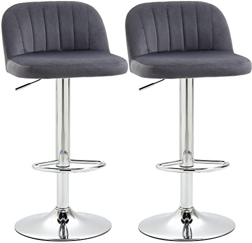 HOMCOM Juego de 2 Taburetes Altos de Cocina Tapizado en Teciopelo Taburetes de Bar con Altura Ajustable Asiento Giratorio y Reposapiés Carga 120 kg 43x45x81-101 cm Gris