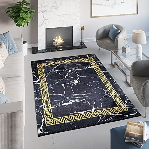 TAPISO Toscana Teppich Bedruckter Teppich Schwarz Gold Marmor Waschbar Goldrahmen rutschfest Wohnzimmer Schlafzimmer Büro Modern Design 80 x 150 cm