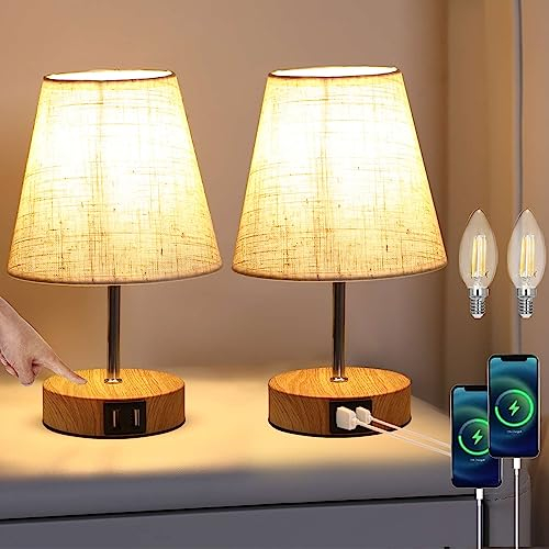 Lightess 2er Set Nachttischlampe Touch Dimmbar Tischleuchten USB LED Tischlampen Modern Vintage mit Holz Basis Retro Stoffshirm mit E14 Glühbirne Warmweiss für Wohnzimmer Schlafzimmer Tisch, Beige