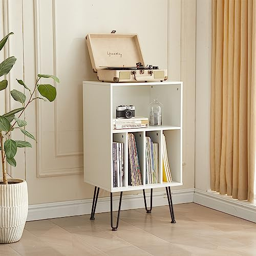 Leesingdo Plattenspieler-Ständer mit Aufbewahrung, für bis zu 150 Alben, Holz-Vinyl Plattenspieler Tisch mit Metallbeinen, für Wohnzimmer, Schlafzimmer, Büro (Weiß)