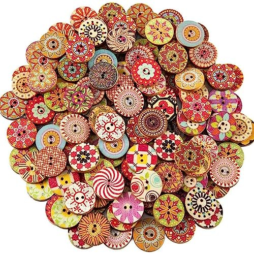PLABBDPL 100 Stück Bunte Knöpfe Retro Harz Holzknöpfe Gemischte Rund Puppenknöpfe Nähen Knöpfe Blume Malerei Geometrishes Muster Kinderknöpfe mit 2 Löcher für Nähen DIY Basteln Handwerk Deko 20 mm