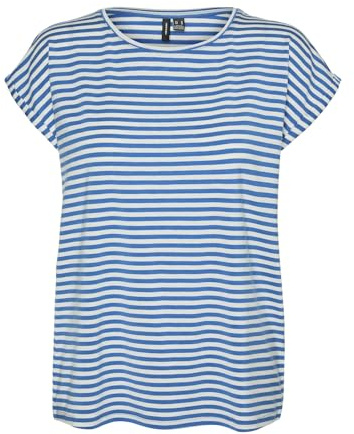 VERO MODA Women's VMAVA Plain SS TOP Stripe GA JRS NOOS T-Shirt, Ibiza Blue/Stripes:Pristine,