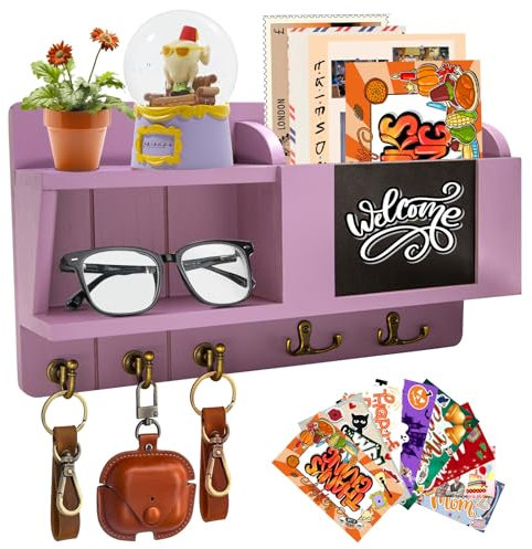 VUEJIC Purple Friends Key Holder for Wall, 8pcs Cards, TV Show Merchandise Gifts, Decorative Mail Organizer, Key Racks With 5 Anchor Hooks, Handmade Wooden Key Hangers for Home Decor