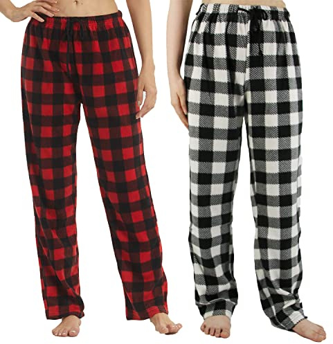 LNFINTDO 1-2er Pack Damen Schlafanzughose Lang Fleece Kariert Pyjamahose | Weihnachts Pyjamahose,Winter Warm Pyjamahose,Nachtwäsche Hose mit Kordelzug,Fleece Lounge Hosen,Ideal für Zuhause