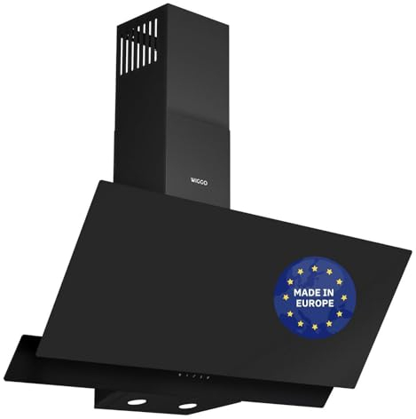 Wiggo A942G Dunstabzugshaube 90cm kopffrei I Abluft Umluft Dunstabzug 626m³/h - Touch-Display 4 Stufen I Energieeffizienzklasse A Schräghaube inkl. 2x Kohlefilter I Abzugshaube Glasfront schwarz