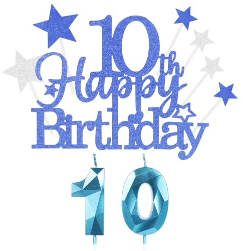 Yiran Kuchen Deko 10 Geburtstag Mädchen Jungen, Happy 10th Birthday Blau Cake Topper with 3D Geburtstag Kerzen Nummer 10,Geburtstag Cake für Teenager Junge Party Decoration (9 Stück)