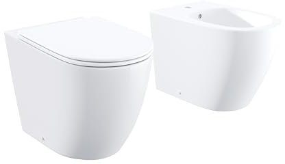 Sanitari filomuro comfort in ceramica bianco lucido vaso rimless h44,5 cm con copriwc soft-close e bidet Mod. Europa