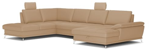 Cavadore Wohnlandschaft Castiel mit Federkern / Sofalandschaft mit großem Longchair, Bett, Bettkasten, Sitztiefenverstellung, Kopfstützen und Metallfüßen / 363 x 89-104 x 223 / Echtleder, Beige