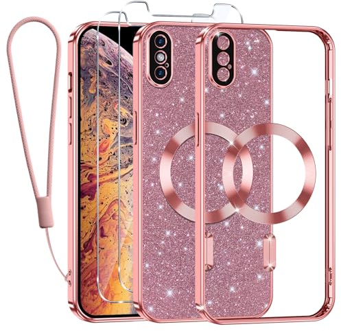 Kokio Handykette für iPhone XS Max Hülle mit Band, [Kompatibel mit MagSafe] Glitzer Magnetisch Handyhülle für iPhone XS Max mit 2 Stück Schutzfolie Stoßfeste Silikon TPU Schutzhülle, Rosa