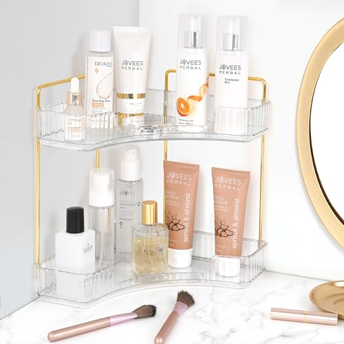 Winter Shore Rangement Lavabo Salle de Bain à 2 Niveaux - Etagere Lavabo d'angle pour Soins Cheveux, Produits de Beauté, Maquillage, Lotions - Plateau en Plastique Clair pour Chambre, Commode
