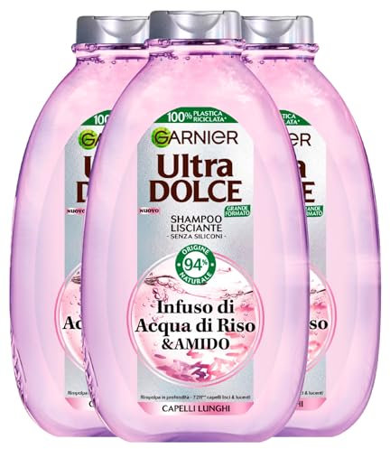 Garnier Ultra süßes Glättungsshampoo für langes Haar mit Aufguss von Reiswasser und feuchtigkeitsspendender Stärke, belebend, vegan, mit Inhaltsstoffen 94% natürlichen Ursprungs - 3 Flaschen à 400 ml