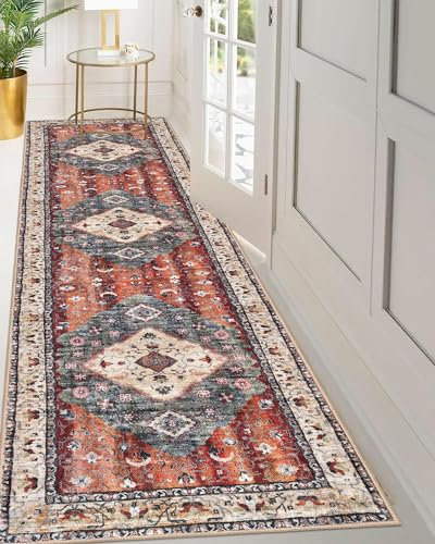 KOZYFLY Lange Läufer für Flure, 0,9 x 3 m, waschbar, Küchenläufer, Boho-Läufer, Teppich für Eingangsbereich, Innenbereich, Rost/Orange/Blau, bedruckt, orientalische Kunstwolle, Treppenboden