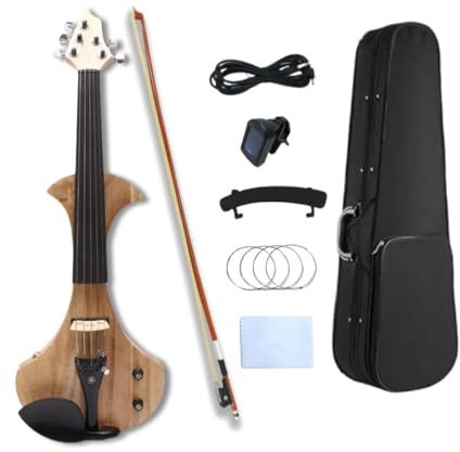WUQIMUSC Violino elettrico a 5 corde, kit 4/4 full size con corpo in legno massello, violino silenzioso, pergamena stile testa chitarra, raccordi in ebano, pioli in metallo, arco, custodia, cavo