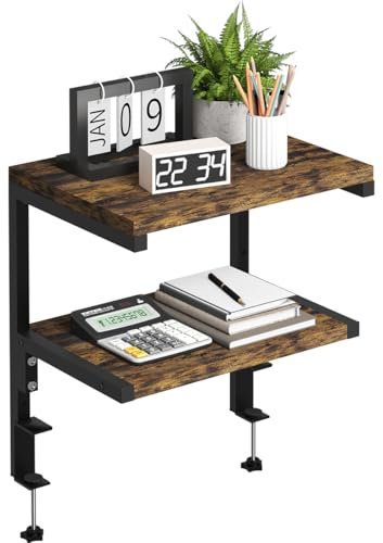 Mondazie Clamp on Desk Organizer Shelf, Heavy-Duty Desk Extender Side Table with 2-Tier Adjustable Storage Shelves for Desktop Accessories, Gaming Devices, Black