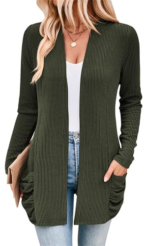 SotRong Cardigan a coste da donna uk cardigan leggero a maniche lunghe aperto davanti casual tinta unita accogliente morbido coprente con tasche, Verde militare, L
