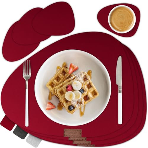 smøla 8-teiliges Premium Filz Tischset - Oval inkl. Untersetzer I Platzset Abwaschbar Rot I Platzdeckchen Set Abwischbar mit Filzuntersetzer für Teller, Gläser I Tischdeko Frühling, Weinrot