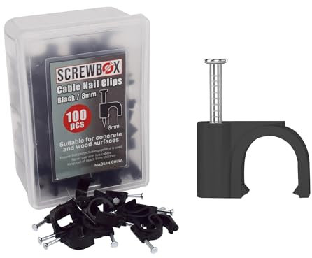 SCREWBOX® Cable Nail Clips, 8 mm 100 Pcs Nail-In Clips, Strong Durable Black Round Cable Tacks, Wall Wire Tidy Holder Pins, for wood | concrete | plasterboard