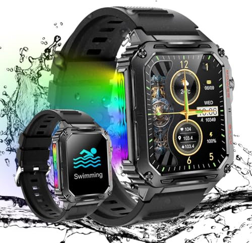 Rogbid Stahl Gear Smartwatch Herren mit 8 RGB Farbe Taschenlampe Militär Smartwatch mit Telefonfunktion IP69 Wasserdicht Outdoor 123 Sportmodi Uhren mit Herzfrequenz Schlafmonitor Blutdruckmessung