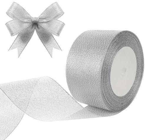 HOTUT Satinband Silber, 50mm Silber Geschenkbänder Breit, 22 M Schleifenband, Dekoband für Geschenkverpackung Brautstrauß Basteln Geburtstag Deko