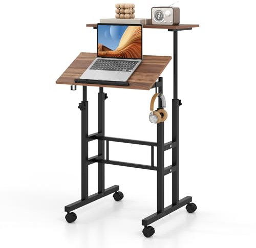 COSTWAY Scrivania per Computer Regolabile in Altezza, Postazione di Lavoro per Computer con Ruote e Ganci, Tavolo Porta PC per Studio e Ufficio, 60 x 60 x 72-124 cm (Marrone)