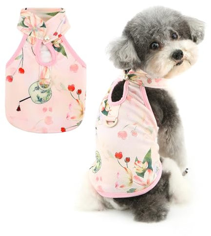 Ranphy Pet Chinese Style Print Shirt for Xsmall Small Dog Female Halter Collar Vest Top Puppy Pullover Tee with D-ring Yorkie Chihuahua Spring Summer Clothes Cat Clothing,Pink,S