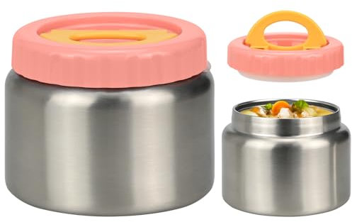 Smlper Thermal Food Container, 250 ml/350 ml, Stainless Steel Children's Container with Double Lid, Portable Thermal Food Container, Handle Insulating & Vacuum Insulated (Pink, 350ml)