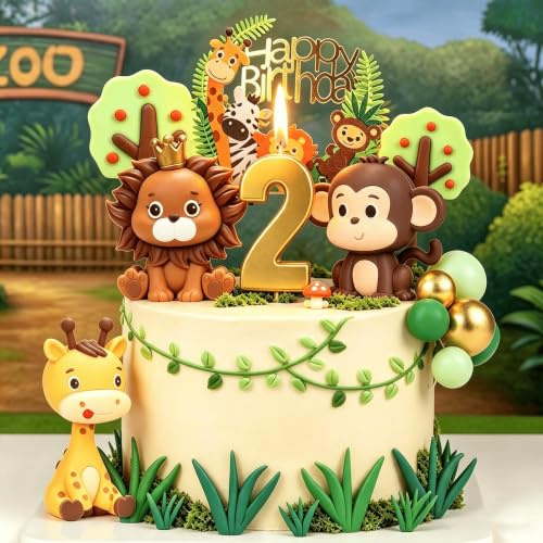 21 Stück Tiere Geburtstag Tortendeko mit Kerzen für 2-jährige | Dschungel Safari Kuchendeko Topper, ideal für Geburtstagsparty und Babyshower