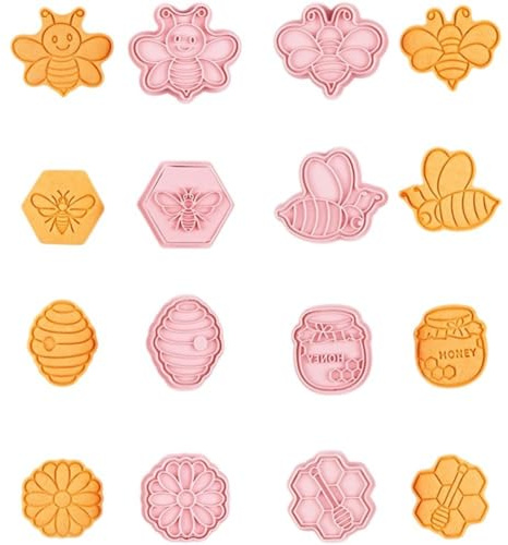 HiyyFloy Diy Bee Cookie Molds - 3d Honey Pot Shape Cookie Cutter 8 Pcs Embossing Cookies Cutter Set 3d Bee Flower Cookies Molds for Homemade Snack Cakes and Cookie Baking