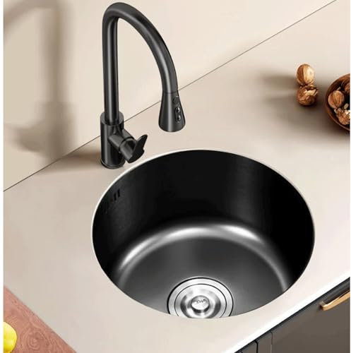 JUSKAQZYI évier de Cuisine Évier de Cuisine en Acier Inoxydable, Petit évier Simple avec égouttoir et trop-Plein, pour Camping-Car, Bar, Restaurant, Noir, Rond lavabo Cuisine