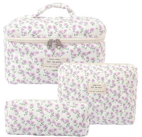 Aucuu Grande Trousse de Maquillage, Lot de 3 Trousse de Toilette Femme Voyage en Coton, Trousses de Toilette Femme Voyage, Motif Floral Grand Capacité Trousses de Toilette pour Fille Femmes