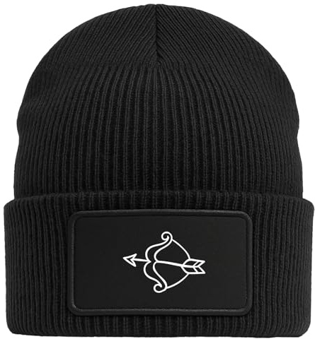 Huuraa Beanie Amors Pfeil Bogen Geschenk | Black Geschenkidee Schwarze Rippstrick Wintermütze mit austauschbarem Klett Patch