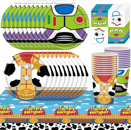 Juego de vajilla de fiesta de cumpleaños para niños, 61 piezas de accesorios de decoración para fiestas, tema de dibujos animados, placas de juguete, toallas de papel, tazas de papel, manteles, ducha