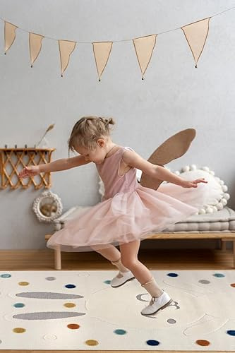 Mazovia Kinderteppich Beige Kaninchen, Punkte, Tierisch - Weich, 3D-Muster - Leicht zu Reinigen, Fußbodenheizung - Teppich für Kinderzimmer, Mittelflor Rechteckig mit Oeko-TEX® - Creme - 80 x 150 cm