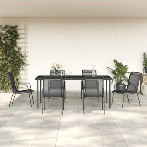 Teenpull Ensemble de 7 meubles de jardin, noir, en acier textilène, avec table en verre trempé, balcon, terrasse, salle à manger