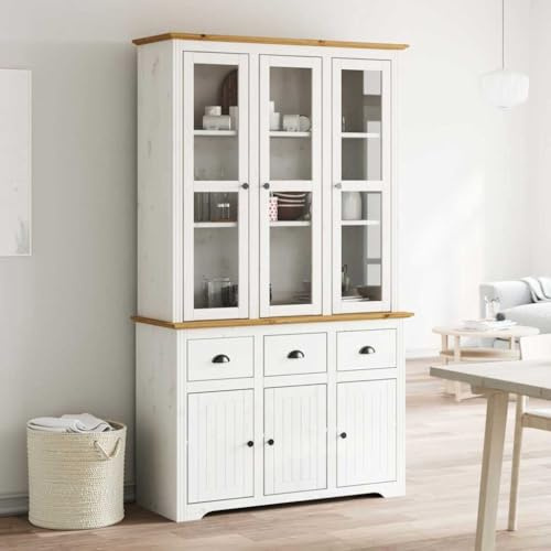 QJBSAVVA Highboard BODO 115x43x200 cm Weiß Braun Massivholz Kiefer Küchenschrank mit Glastüren Französisches Landhaus Sideboard für Wohnzimmer Flur und Kaffeebar
