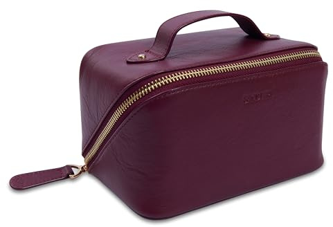 SADDLER Harriet Leather Vanity Box Case - Makeup Organiser, Bordeaux | Arrives ready for gifting with a zip closure, convenient carry handle, and a whimsical floral hummingbird lining.