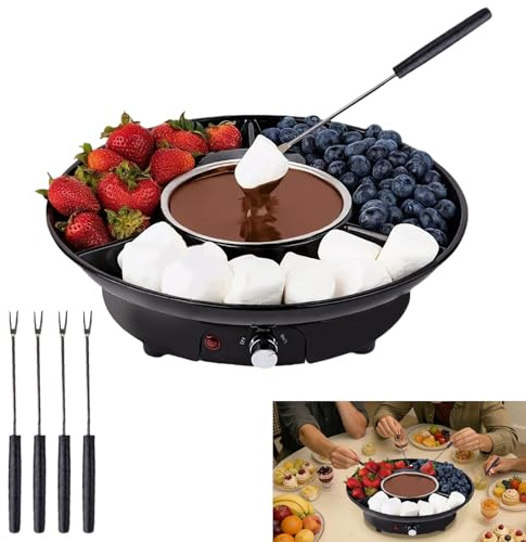 IDAMAKON Chocolate Fondue Set 25 W 280ml,Elektrisches Schokoladen,Electric Fondue Pot with 2 Temperature Settings,Einer Schale für Schokolade,Obst und Kekse & 5 Forks,Ideal for Romantic Evenings