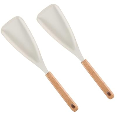 Lot de 2 spatules multifonctions, ustensiles de cuisine, 2 en 1, manche long en bois, silicone mat, cuillère à salade, cuillère de cuisine antiadhésive, spatule multifonctionnelle, blanche