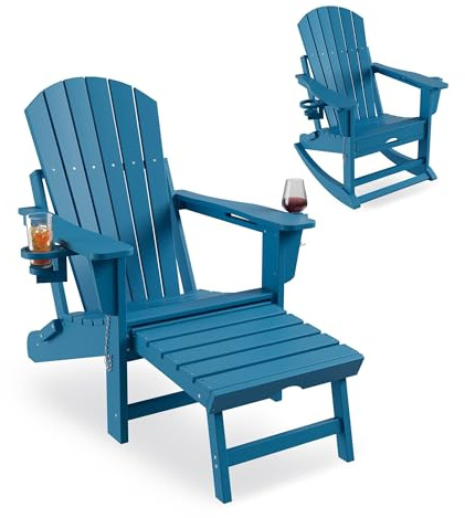 Crevyteg Chaise de Jardin Adirondack à Bascule Pliante en HDPE – Repose-Pieds rétractable, 2 Porte-gobelets, résistante aux intempéries pour terrasse, Balcon, Piscine – Couleur : Bleu océan