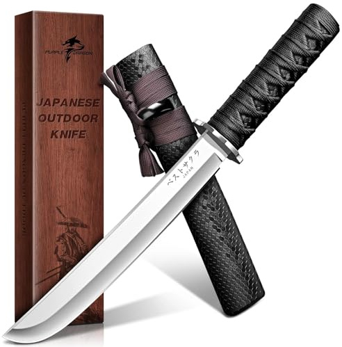Purple Dragon Messer Outdoor Japan - D2 Samurai Messer mit Holzscheide | Aus einem Stück D2 Stahl handgeschmiedet, Hishimaki-Griff, Holzscheide, japanisches Geschenk für Männer, Camping, Bushcraft