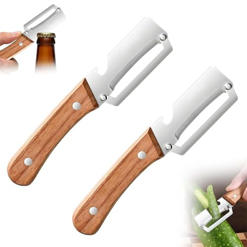 Zero Snag Holzschäler, Multifunktionaler Gemüseschäler, 2 In 1 Obst- Und Gemüseschäler mit Flaschenöffner, Sparschäler mit Holzgriff, Universal-Sparschäler für Äpfel, Kürbisse (Naturholzfarbe-2pcs)