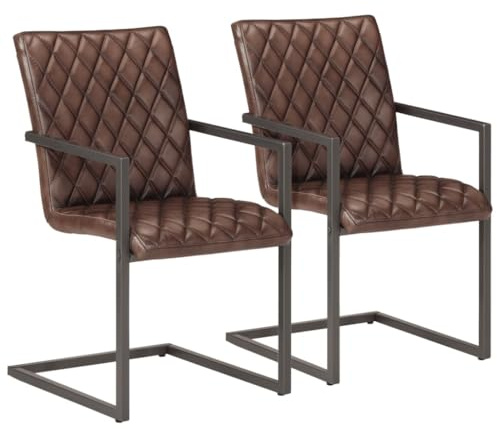 toolkix Freischwinger Esszimmerstuhl 2er Set Braun Echtleder mit Polster, Armlehne und Rautenmuster, pulverbeschichteter Metallrahmen, ergonomisch gepolstert, Retro Design für Küche und Wohnzimmer
